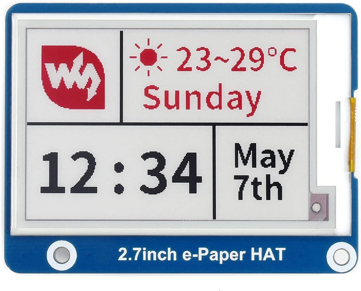 Waveshare 2.7inch E-Paper E-Ink Display HAT Compatible with Raspberry Pi 4B/3B+/3B/2B/B+/A+/Zero/Zero W/WH/Zero 2W Series Boards 264×176 Pixels Red/Black/White Three-Color SPI Interface
