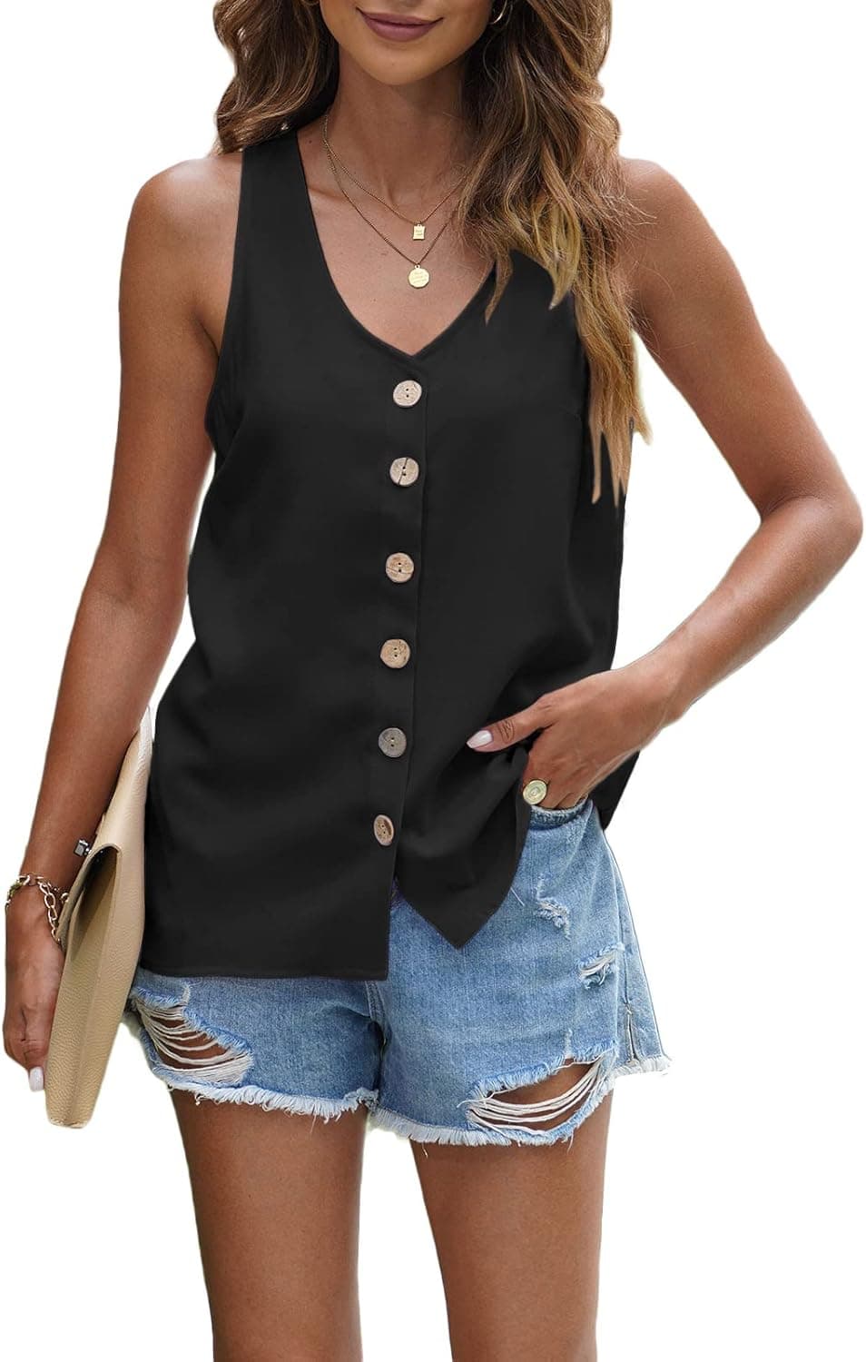 Afkwek Women's Summer Button Down Tank Tops V Neck Loose Casual Sleeveless Shirts Blouses