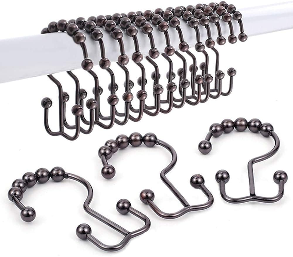 DAWNER Rust Proof Shower Curtain Hooks Rings, Stainless Steel Shower Curtain Rings Metal Double Glide Shower Hooks for Bathroom Shower Rods Curtains, Brushed Bronze Decorative Finish, Set of 12 Hooks