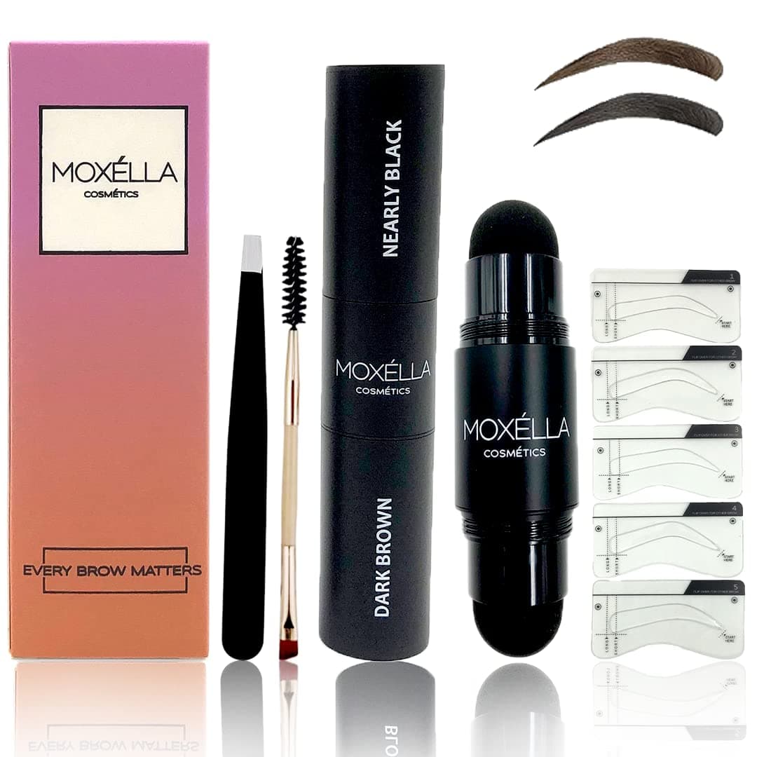 Moxella Eyebrow Stamp Stencil Kit Dual Color, 2 Different Shades In 1 Brow Stamp, Perfectly Arched Brow Stencils, Eyebrow Shaping Kit For Perfect Instant Brows, Long Lasting, Smudge Proof, Waterproof Brow Kit, User-Friendly & Reusable Brow Stamp and Stencil Kit (DARK BROWN + NEARLY BLACK)