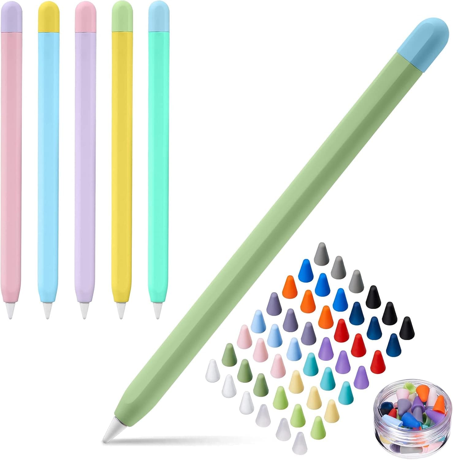 LINGXIU 6 Pack Silicone Case Cover Compatible Apple Pencil 2nd Generation, Skin Sleeve Accessories 48 Pcs Nib Covers,16 Colors, Pink + light yellow + sky blue + mint green + purple + grass green