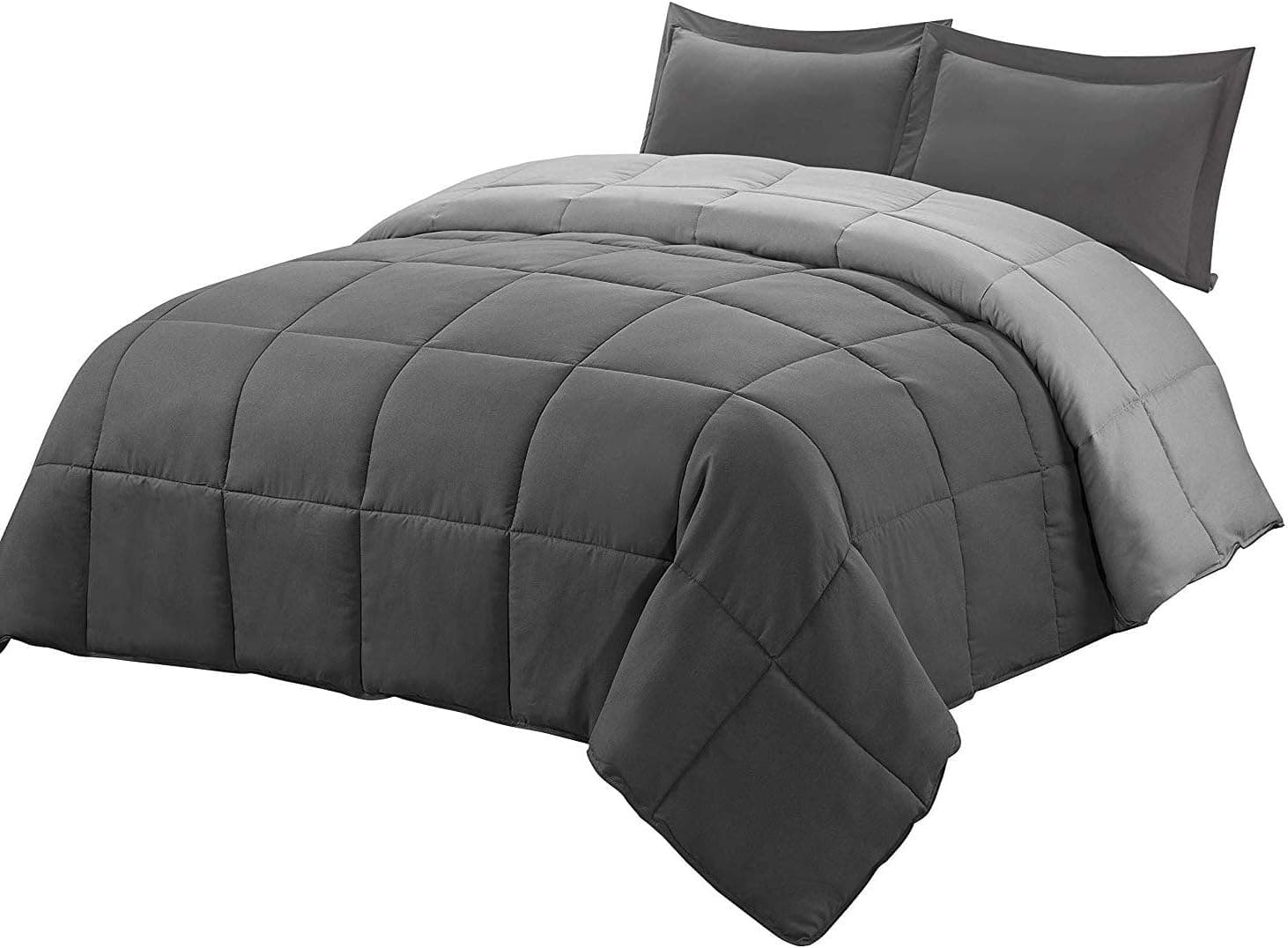 3 Piece All Season Down Alternative Comforter Set,Duvet Insert or Stand Alone with 2 Shams,Reversible Box Stitched Quilted Comforter with Corner Duvet Tabs,Soft Plush(Full&Queen, Dark Light Gray)