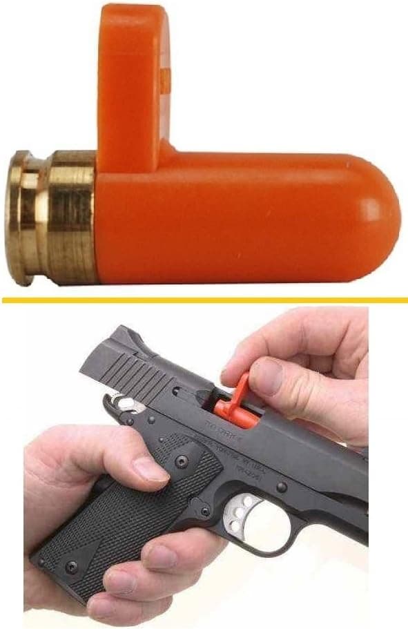 Ultimate Arms Gear Short Tab 9mm Pistol Handgun Rifle Empty Chamber Ejectable Long Safety Flag Load Indicator Device Polymer & Brass Bottom Orange Dummy Ammunition Ammo Shell Round with Lanyard String Loop Hole to Attach