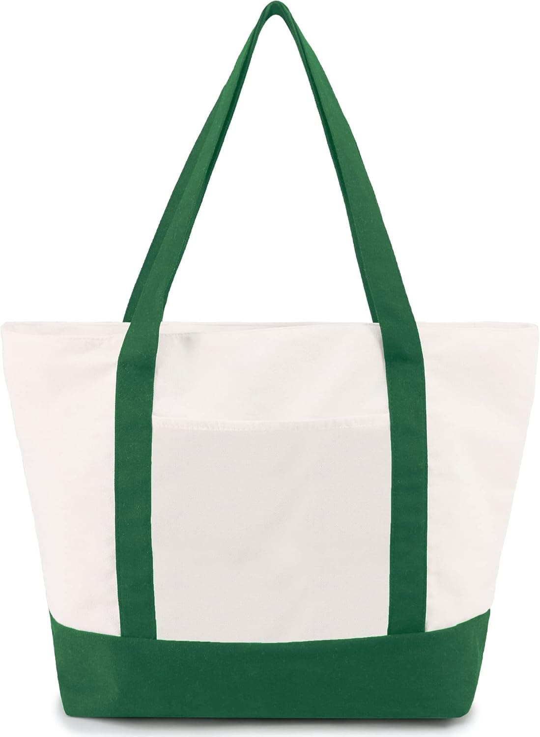 BeeGreen Green Canvas Tote Bag 12oz Cotton Beach Shopping Bags with Inner Zipper Pocket and Top Zipper Closure X-Large Washable Lightweight for Wedding Birthday School DIY Gift