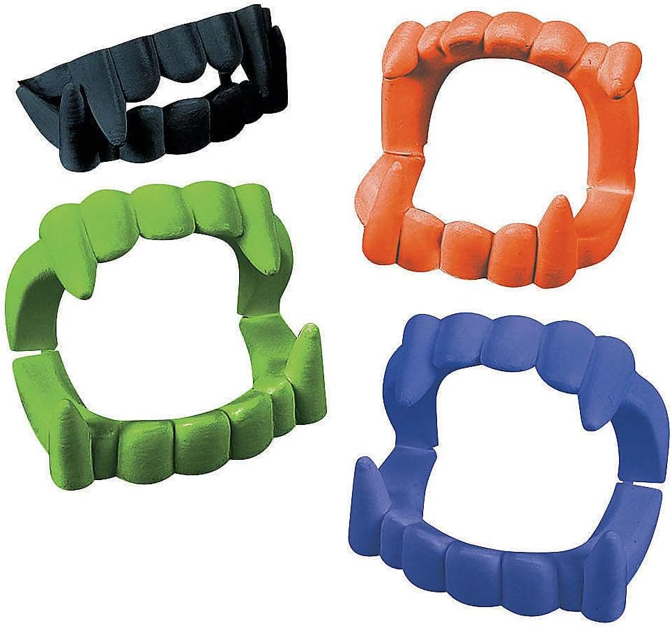 Plastic Vampire Teeth - Bulk set of 72 colored fangs - Black, Green, Orange, Purple - Halloween Party Supplies