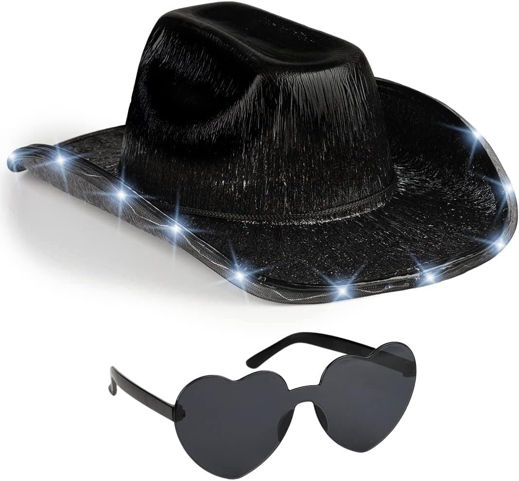 Funcredible Light Up Cowboy Hat for Women | Black Holographic Space Cowgirl Hat with Glasses | Halloween Cow Girl Costume Accessories - Fun Rodeo Party Hats and Goggles for Kids, Girls and Women