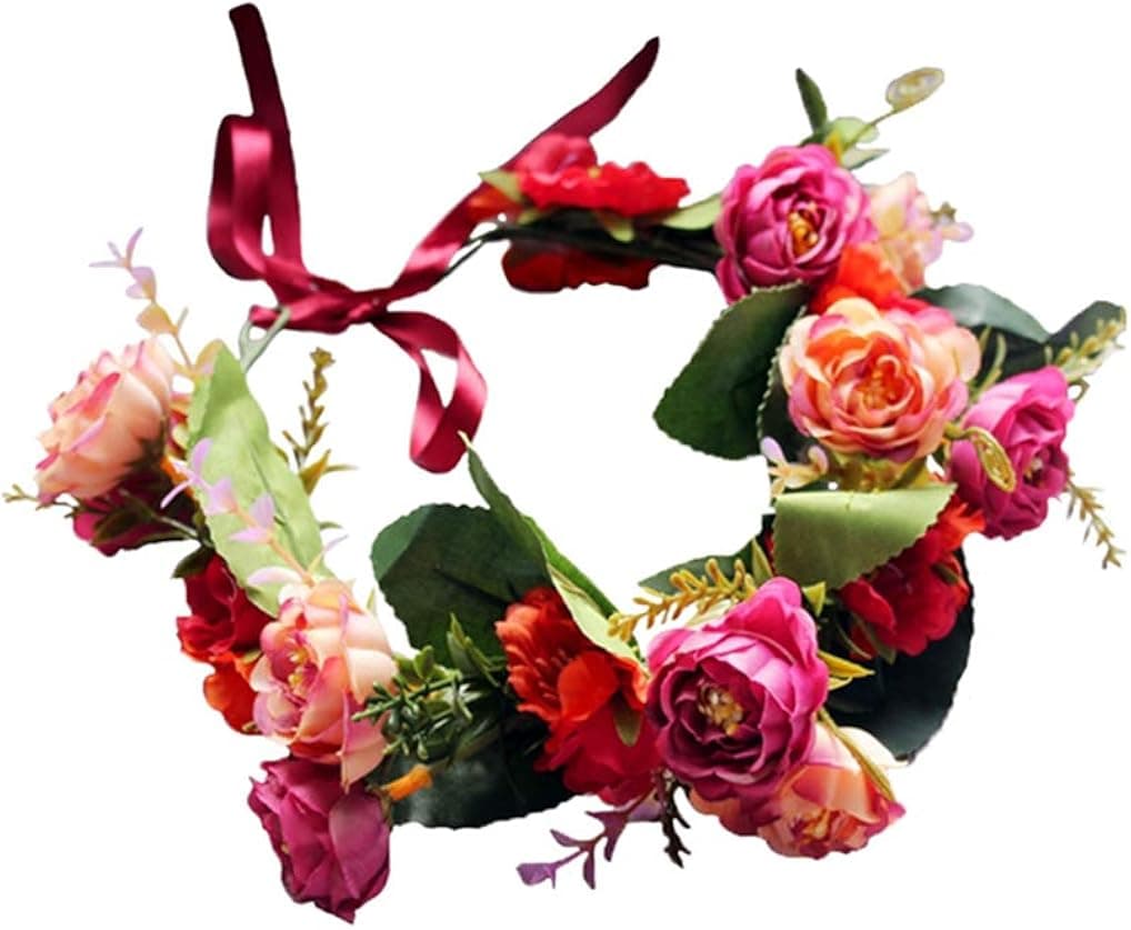 Boho Flower Crown Adjustable Flower Headband Hair Wreath Floral Headpiece Halo with Ribbon Wedding Party Festival Photos Red by Vivivalue