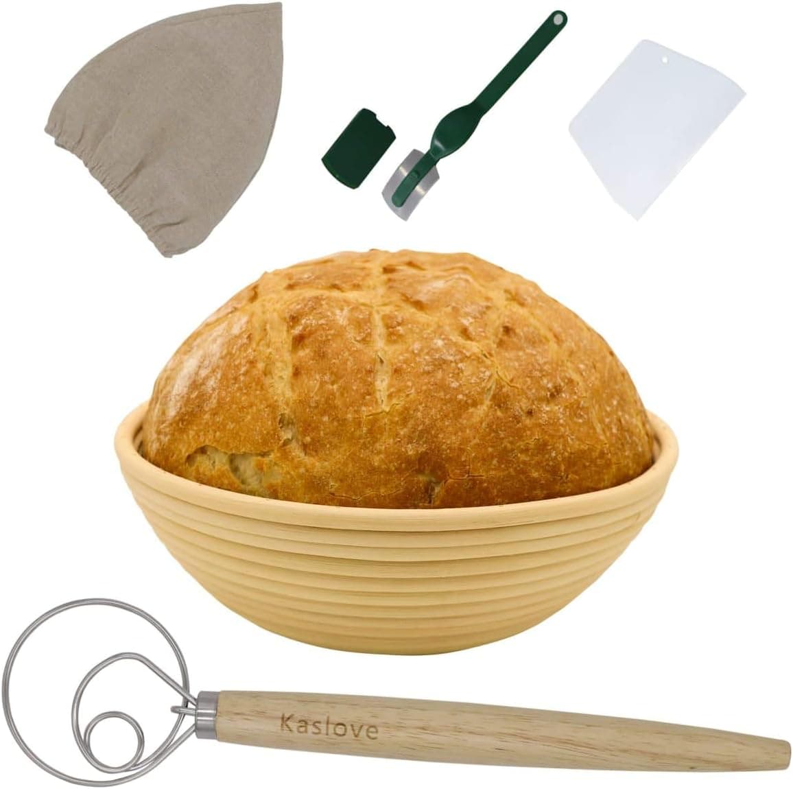 10 Inch 100% Natural Rattan KASLOVE Proofing Basket set, Bread Proofing Basket+ Dough Scraper+Linen Liner Cloth Professional+danish dough whisk +Bread Lame , Bread making tools