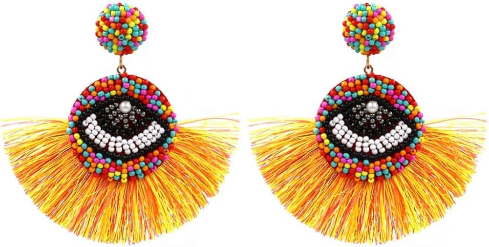 Winssi Bohemian Beaded Palm Leaf Earrings for Women Handmade Monstera Dangle Earrings (Green)