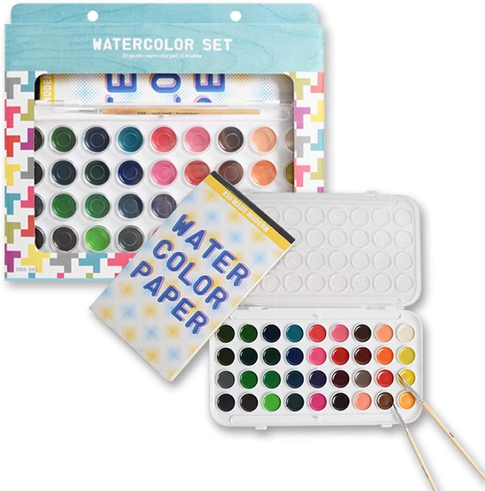 KIDDYCOLOR Watercolor Pan Set of 36 Vibrant Color Cakes, 2 Paintbushes and1 Watercolor Pad (Set of 3 Items)