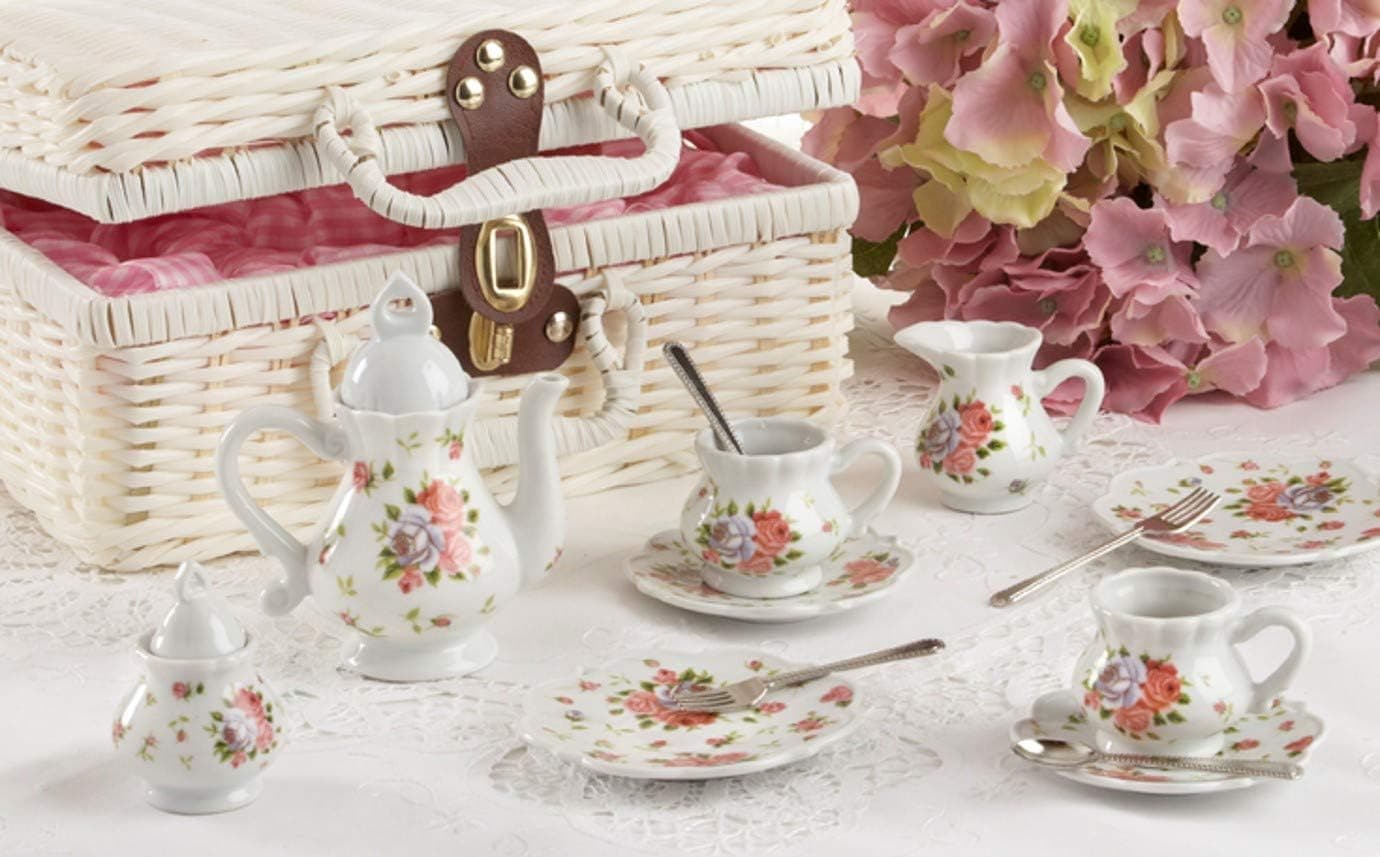 Deluxe Quality Porcelain Child's Tea Set for 2 with Utensils and Real Pouring Teapot, "Dainty Sue" in Basket