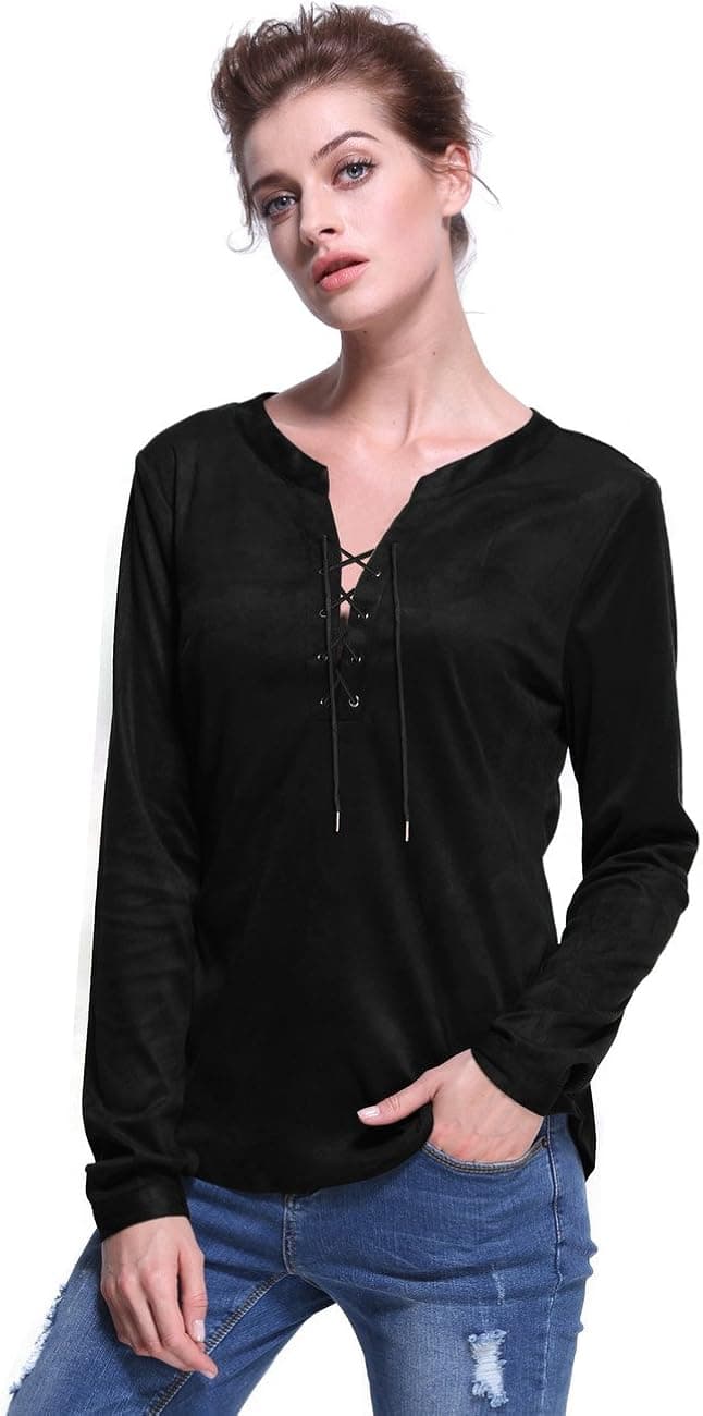 PrettyGuide Women Lace Up Faux Suede Long Sleeve Shirt Blouse