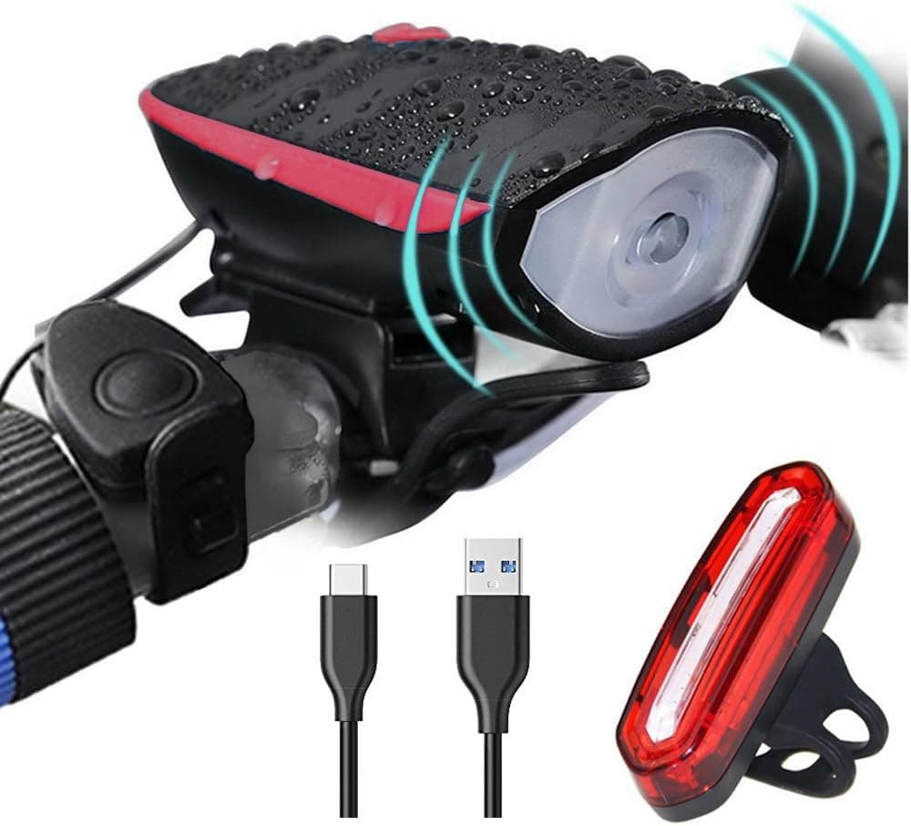 Super Bright Bike Light Set USB Rechargeable Headlight with a Horn Waterproof LED Bicycle Light Set Easy to Install Cycling Safety Commuter Flashlight Best for Mountain Road, Kids and City Bicycle