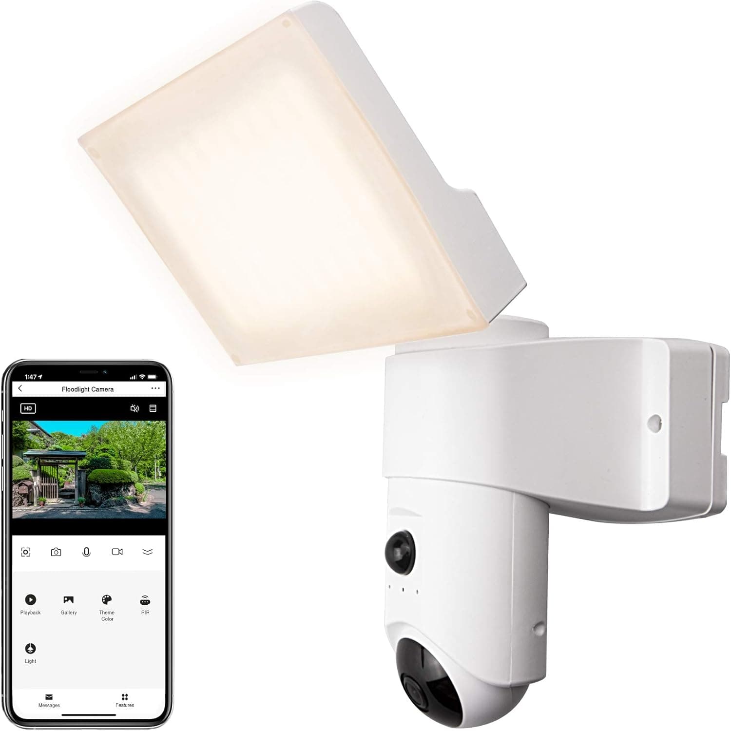EUARNE Floodlight Camera Smart Security Camera with LED Floodlight, 1080P Spotlight Camera, Compatible with Alexa and Google Assistant, Waterproof, Motion Detection, Garage, Yard