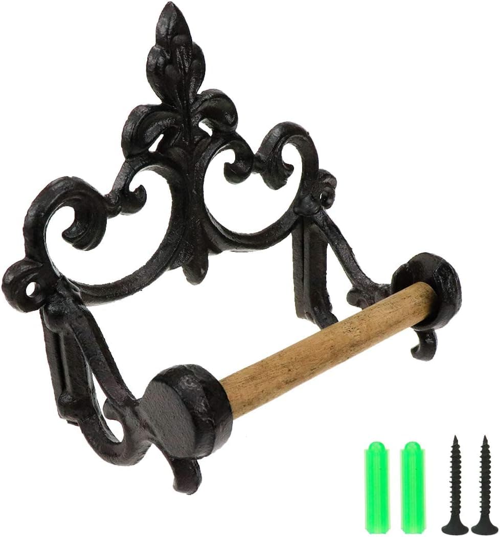 HONJIE Cast Iron Toilet Paper Roll Holder - Cast Iron Wall Mounted Toilet Tissue Holder - European Vintage Design 6.49 * 5.51 * 3.26inch with Screws and Anchors