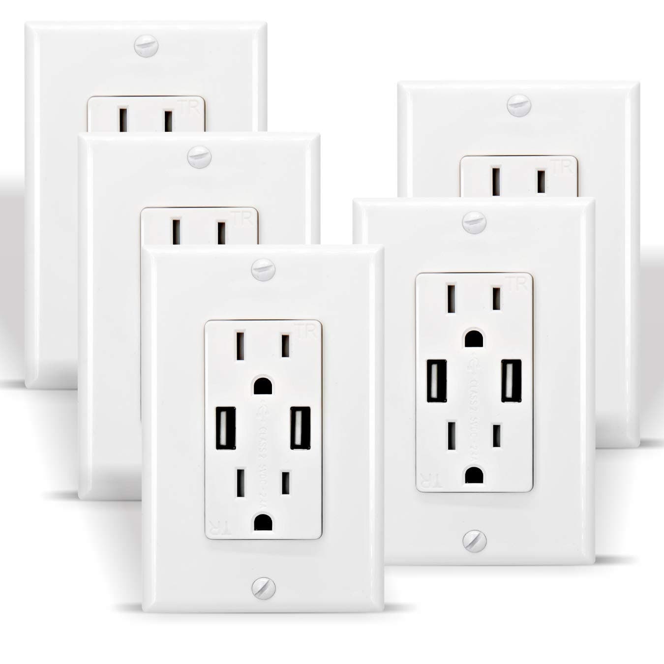 OviiTech 2.4 AMP Dual High Speed Wall Mount Charger USB Outlet,15A Tamper Resistant Receptacle, 5 Wall Plate Included,White (5 Pack)