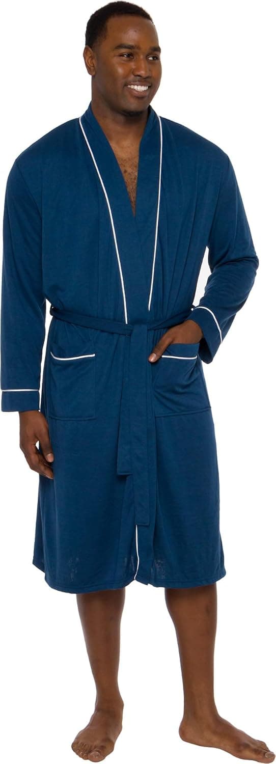 Ross Michaels Mens Robe Lightweight- Mid Length - Summer Bathrobe with Contrast Piping