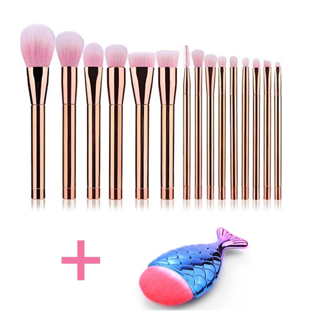 DSCbeauty 15 Pcs Makeup Brushes Set Plus 1pcs Mermaid Fish Shape Foundation Contour Blush Concealer Mascara Eyeshadow Blending Eyeliner Lip Bronzer Powder Cosmetics Brush Tool Kit (Golden)