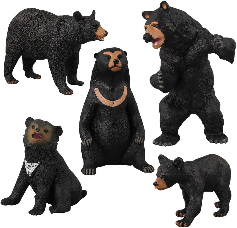 Hiawbon Black Bear Family Figurines Simulated Black Bear Realistic Plastic Wild Animals for Collection, Set of 5