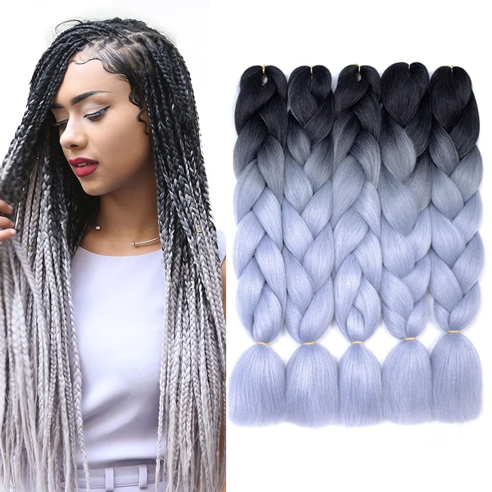 Jumbo Braiding Crochet Hair 24 Inch Two Tone Ombre Color Hair Extension For Braiding Kanekalon Jumbo Box Braiding Hair(5 Pcs/Lot,Black/Gray)