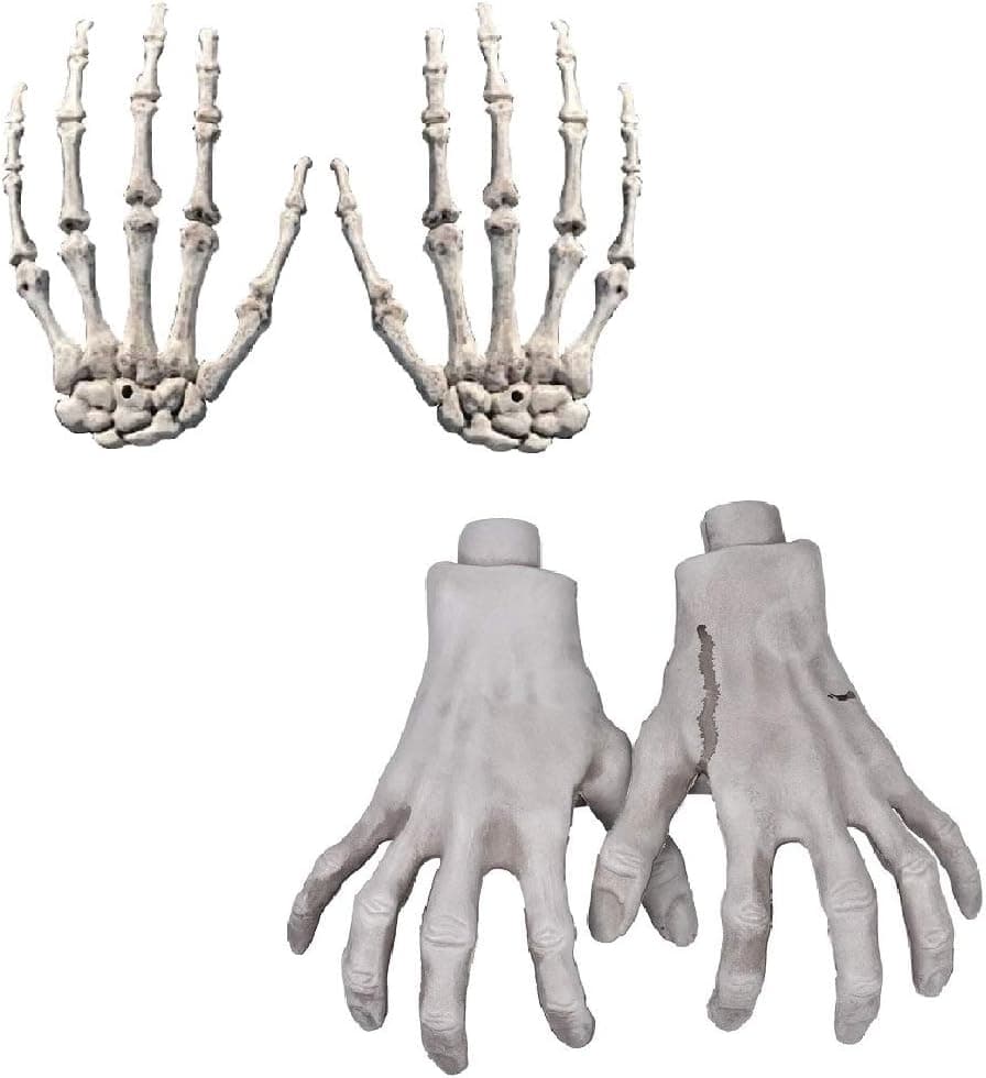 XONOR Halloween Skeleton Hands - Realistic Life Size Severed Fake Plastic Hands for Halloween Props Decoration, 2 Pairs