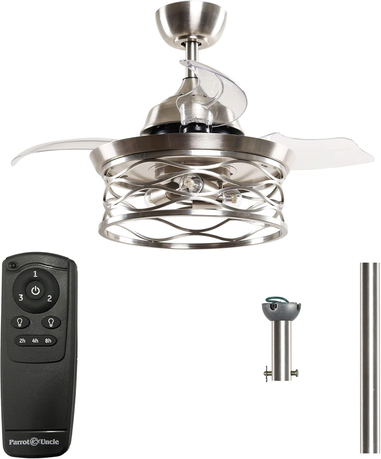 Parrot Uncle Ceiling Fans with Lights and Remote Modern Bedroom Ceiling Fan with Light and Retractable Blades, 36 Inch, Silver