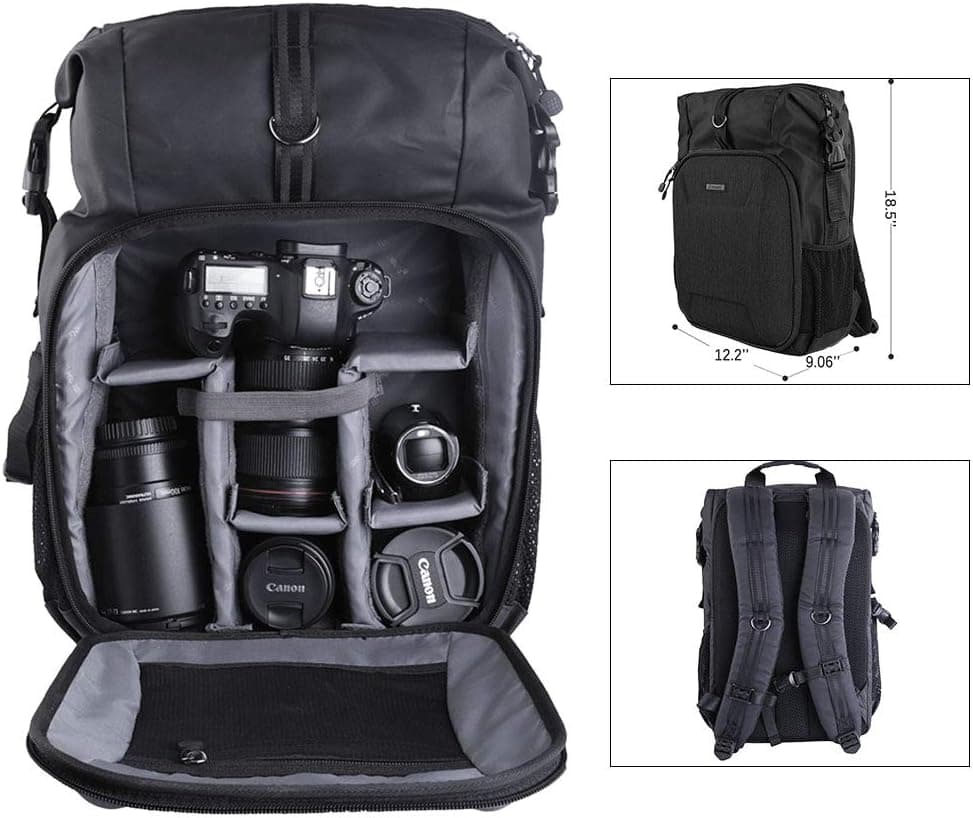 PROWELL Camera Backpack Professional DSLR SLR Bag Gadget Bag for Cameras,Lens,15" Laptop Tablet and Accessories with Rain Cover, Gray Black