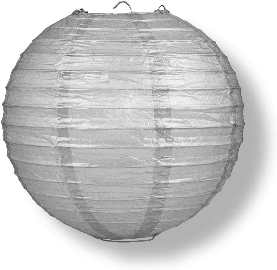 Quasimoon PaperLanternStore Decorative Paper Lantern - (Single, 10-Inch, Silver, Even Ribbing) Round Paper Lantern - Ideal Wedding and Party Decor or Home Accent, Lighting Optional