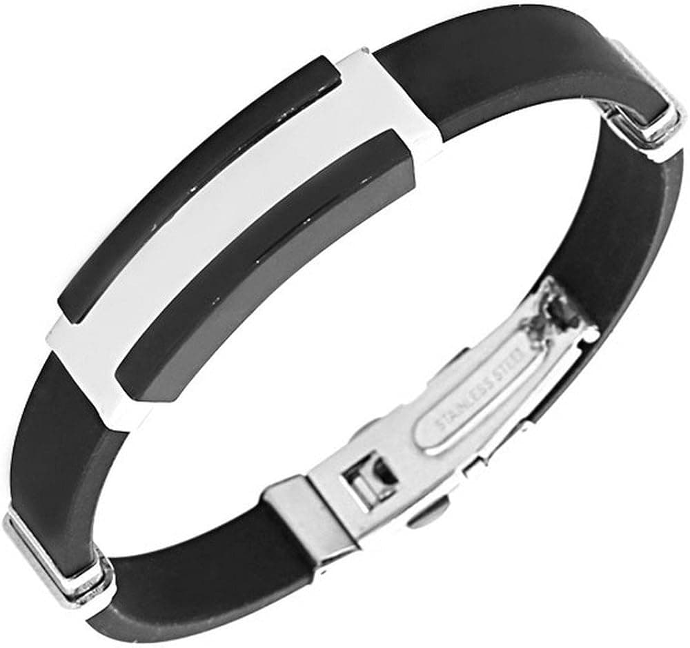 EDFORCE Stainless Steel Black Rubber Silicone Silver-Tone Men's Bracelet