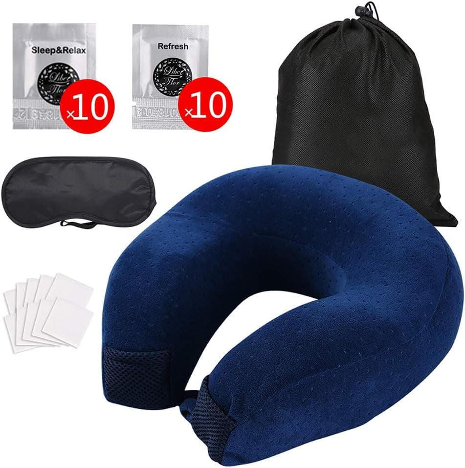 Florwander Essential Oil Travel Pillow, Memory Foam U-Shaped Neck Pillow, with 20 Essential Oils Pads Help Sleep or Refresh (Blue)