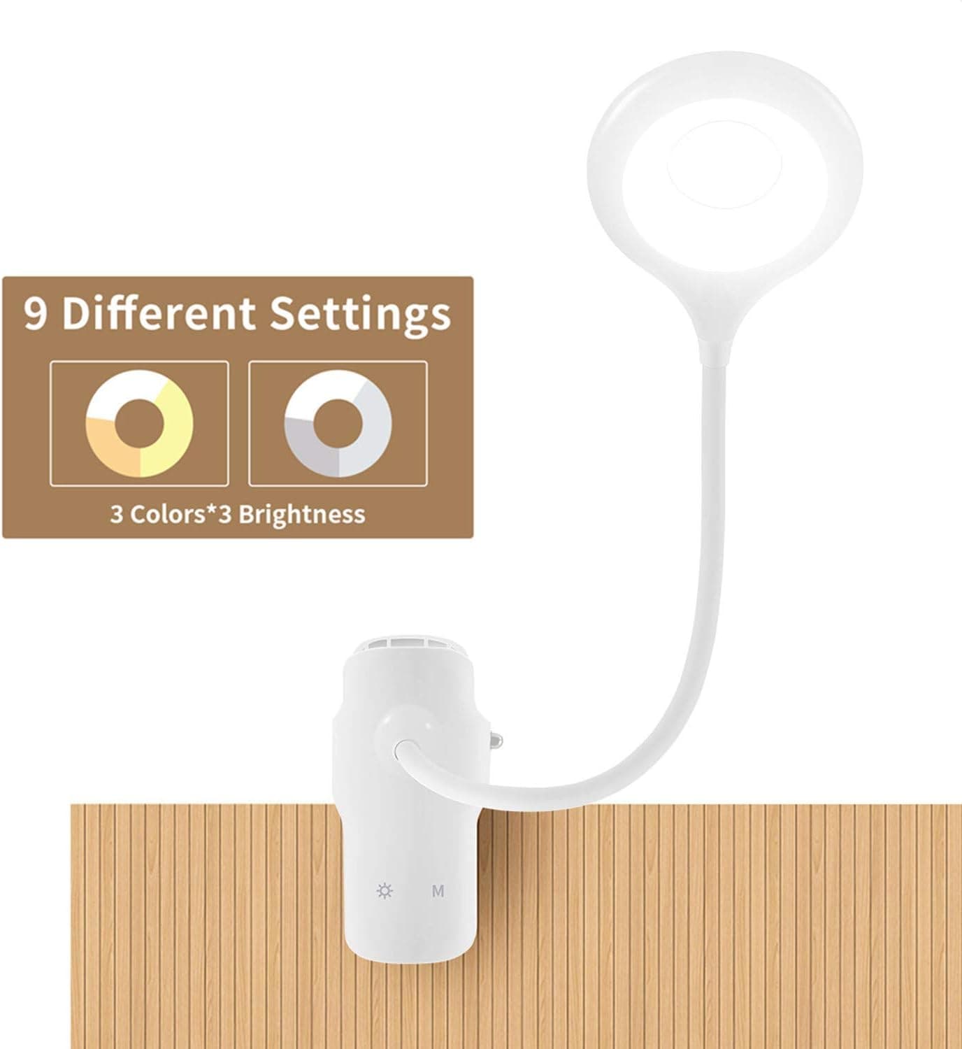 LACOKI LED Reading Light, 28 LEDs USB Rechargeable Reading Lamp, 3 Color x 3 Brightness Clip On Light with Safety Switch, Eye Protection Book Light for Reading in Bed, Touch Control Clip Desk Lamp