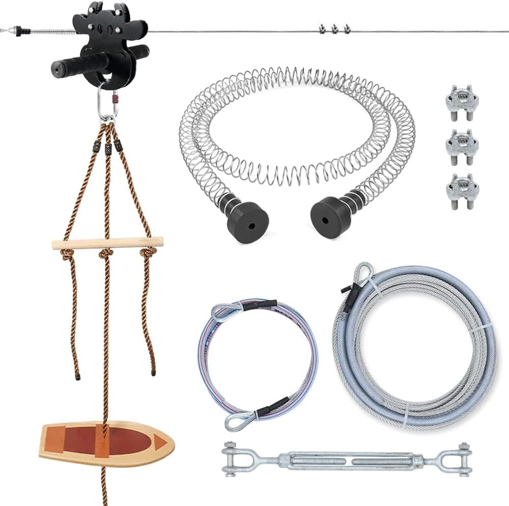 NTR 450 lbs Zipline Kit for Backyard - Zip Line for Kids with Multi-Play Wooden Swing Seat, Detachable Trolley and Ziplines Brake, Stainless Steel Outdoor Zipline - Outdoor Playground Equipment