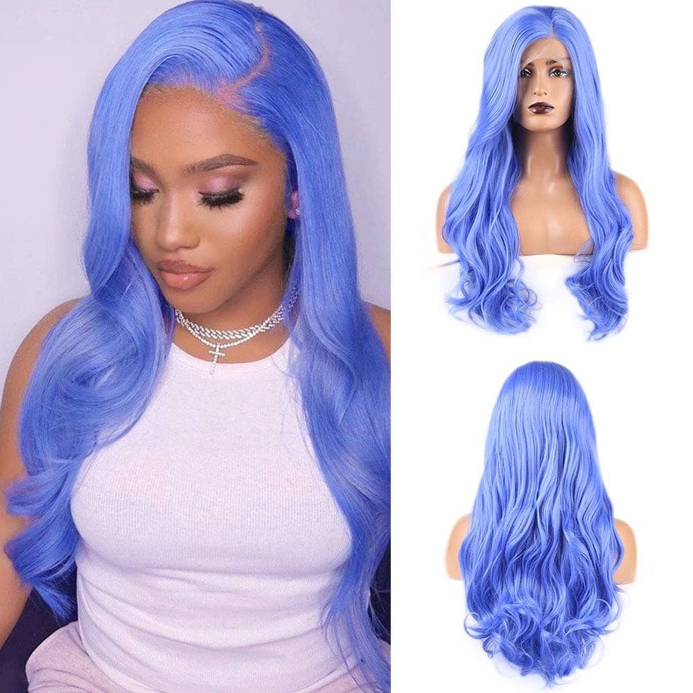 RONGDUOYI RDY Blue Lace Front Wigs for Women Long Natural Wave Synthetic with Free Part High Temperature Heat Friendly Daily Wear Wedding Party Cosplay Wig 24 Inches