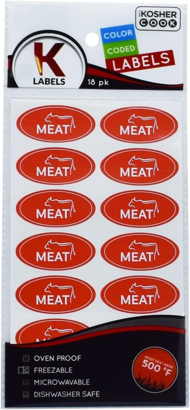 36 Meat Red Kosher Labels – Oven Proof up to 500°, Freezable, Microwavable, Dishwasher Safe, English – Color Coded Kitchen Stickers by The Kosher Cook