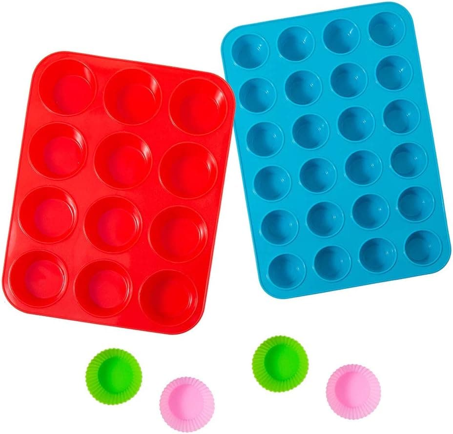 SUN'SPEED Reusable Silicone Muffin Pan Set of 2 for Baking Non-stick Silicone Molds Candy Cupcake Chocolate Models Regular 12 Cups and Mini 24 Cups (Muffin Pan 12 Cups+24 Cups)