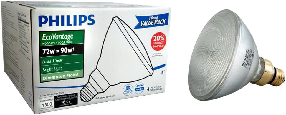 PHILIPS 428805 Halogen PAR38 90 Watt Equivalent Dimmable Flood Standard Base Light Bulb, 4-Pack