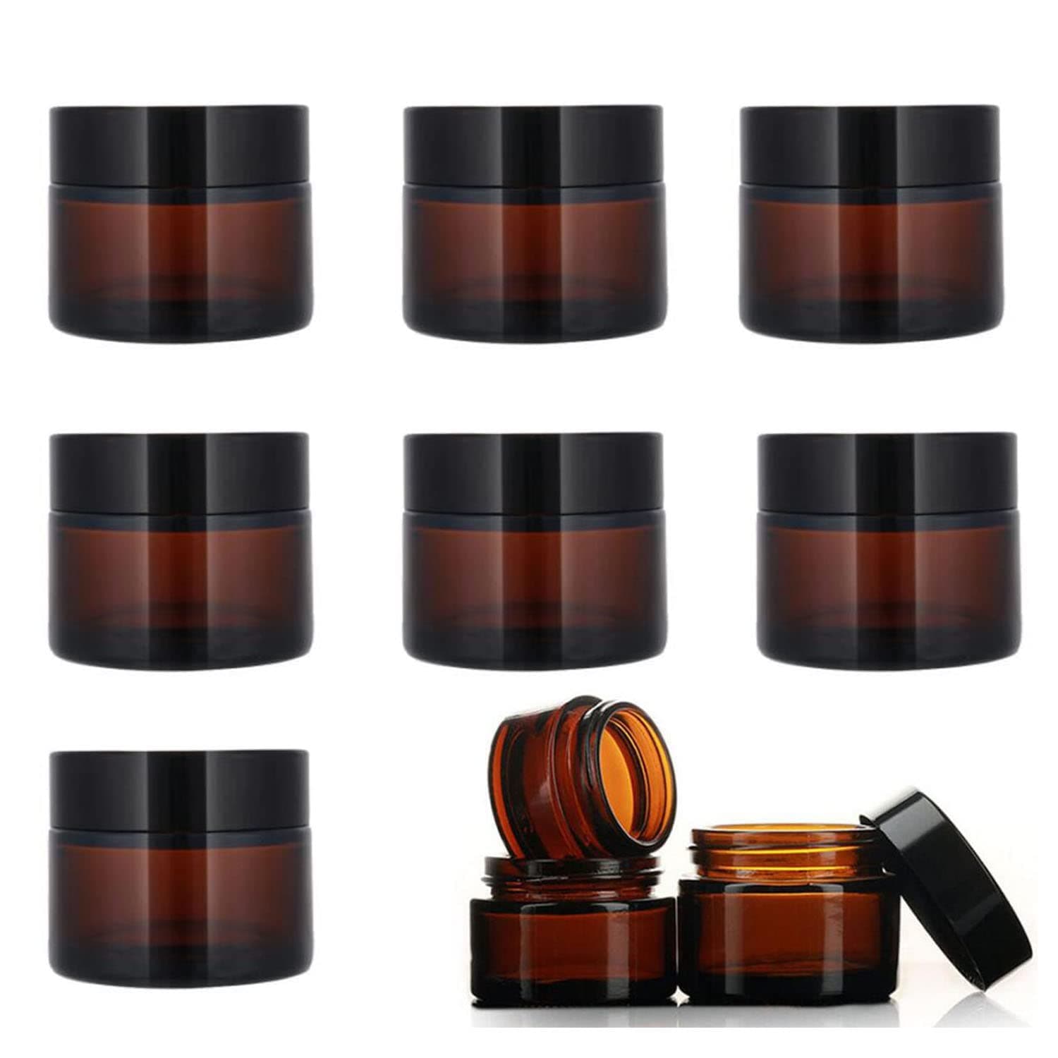8 pack Amber Glass Jar Container Cosmetic Cream Lotion Bottle Hand Cream Travel Home Container Storage with Inner Liners and black Lids (2oz/8pack)