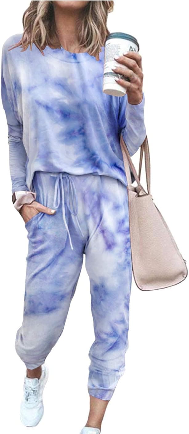 PRETTYGARDEN Women’s Casual Two Piece Outfit Long Sleeve Crewneck Pullover Tops And Long Pants Sweatsuits Tracksuits(Tie Dye-Purple,Small)