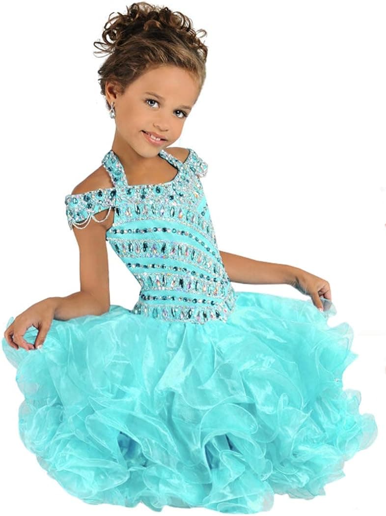 M_RAC Little Girl's Crystal Off The Shoulder Glitz Cupcake Pageant Dresses Kids Halter Party Gowns Short M003