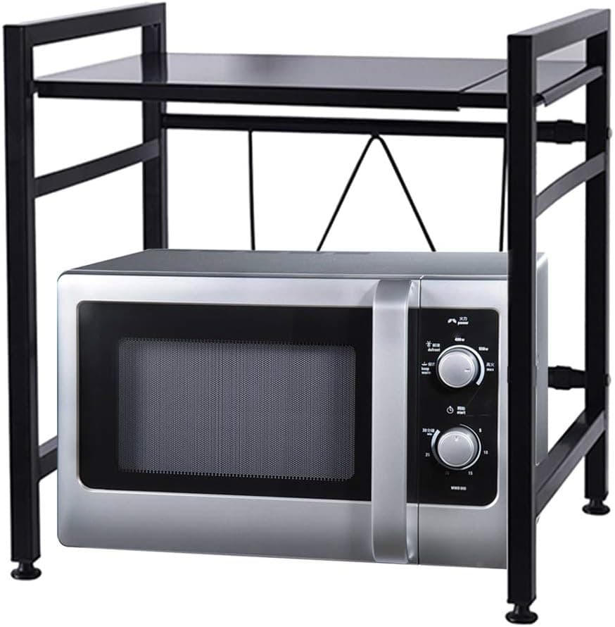 Extendable Microwave Oven Rack Shelf Stand, Adjustable Counter Tableware Storage Shelf and Organizer with 2 Pairs Hooks, Kitchen Supplies Carbon Steel Rice Cooker Stand