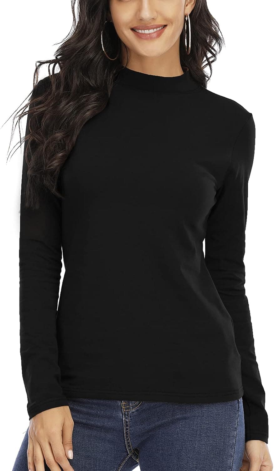 LOVFEE Women Basic Cotton Slim Fit Long Sleeve Mock Half Turtleneck T Shirt Tops