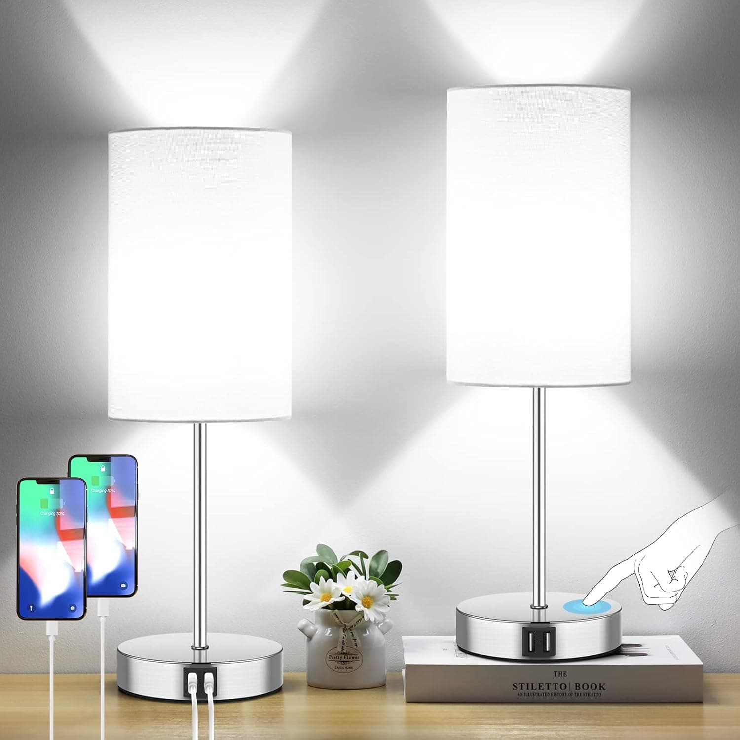 Touch Control Table Lamps Set of 2, 3 Way Dimmable Modern Nightstand Lamps with USB Charging Ports & AC Outlet, Brushed Nickle Bedside Desk Lamps with White Shades for Bedroom, 5000K LED Bulb Included