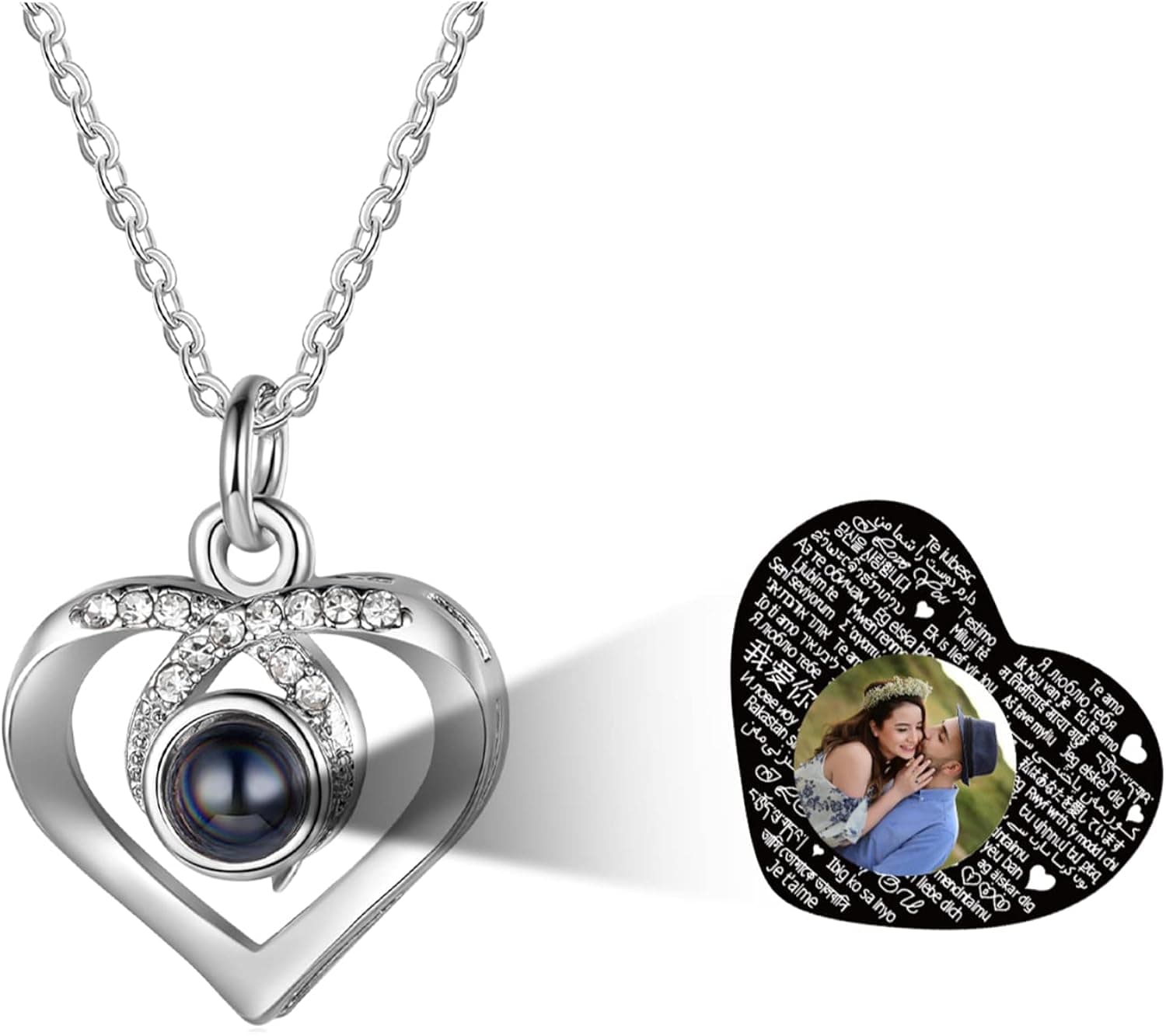 Nameinhea Custom Photo Projection Necklace with Picture Inside I Love You Necklace 100 Languages Personalized Heart Necklaces Memorial Photo Promise Necklace for Her