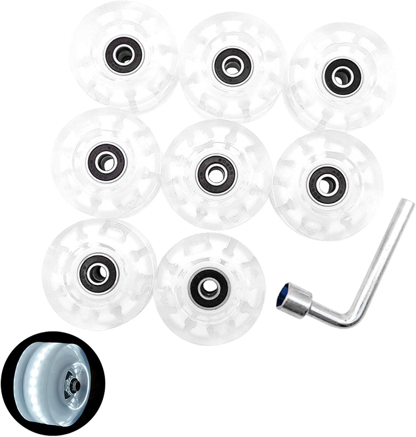 8PCs Roller Light Up Wheels,Luminous Skateboard Wheels Double Row Roller Skates Wheels with Bearings & Wrench,LED Light Up PU Skateboard Core Roller Skate Wheels