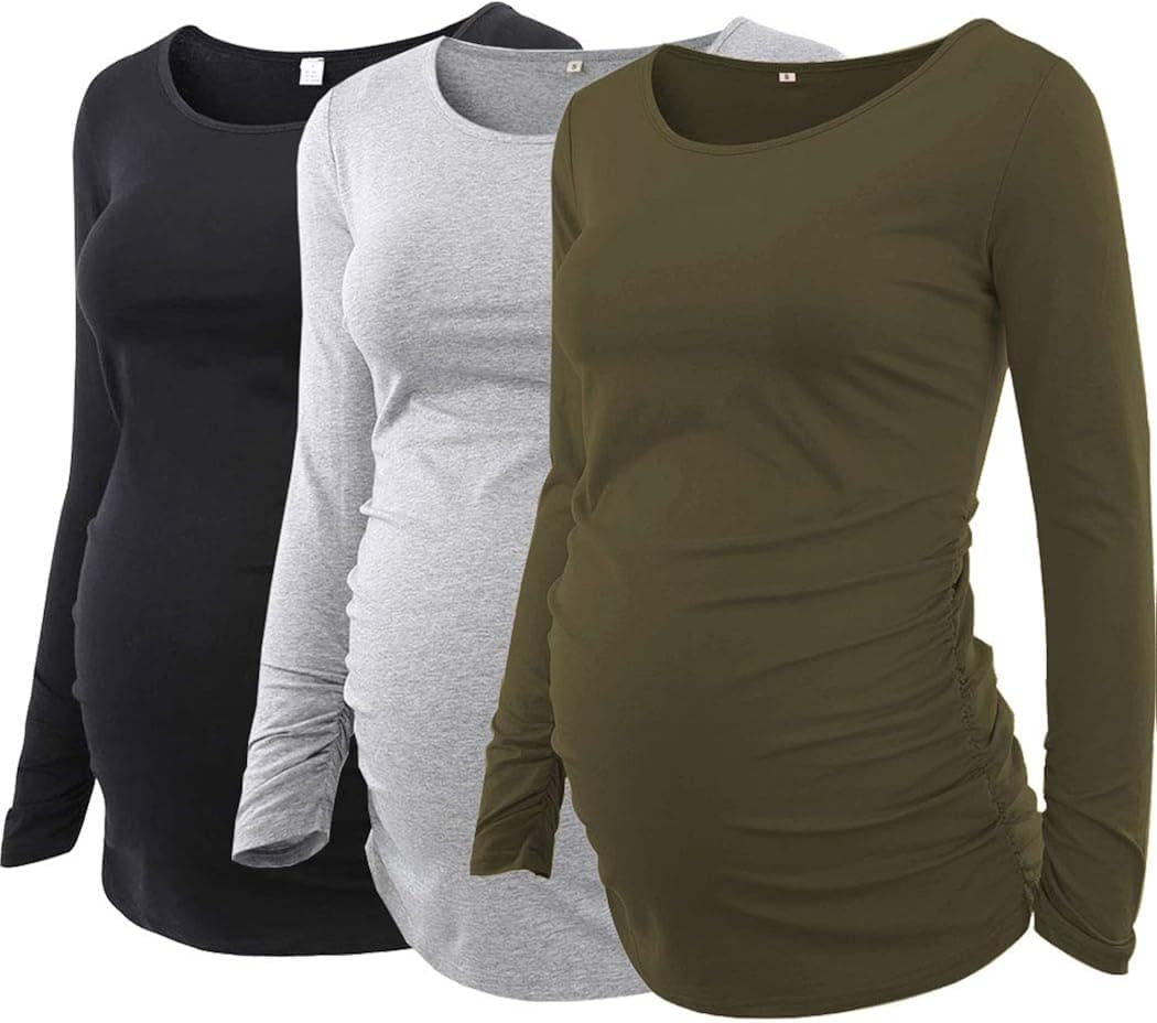Ecavus 3Pack Women's Maternity Tunic Tops Long Sleeve Flattering Side Ruched Pregnancy Shirt