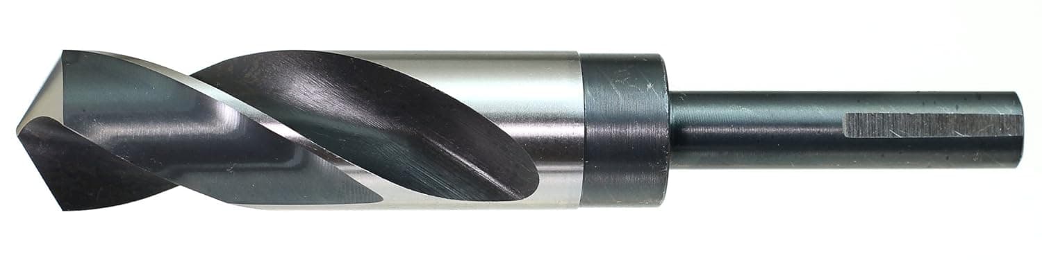 Drillco 1000E Series High-Speed Steel Reduced-Shank Drill Bit, Uncoated (Bright)/Black Oxide Finish, Round Shank with Flats, Spiral Flute, 118 Degree Conventional Point, 37/64" Size