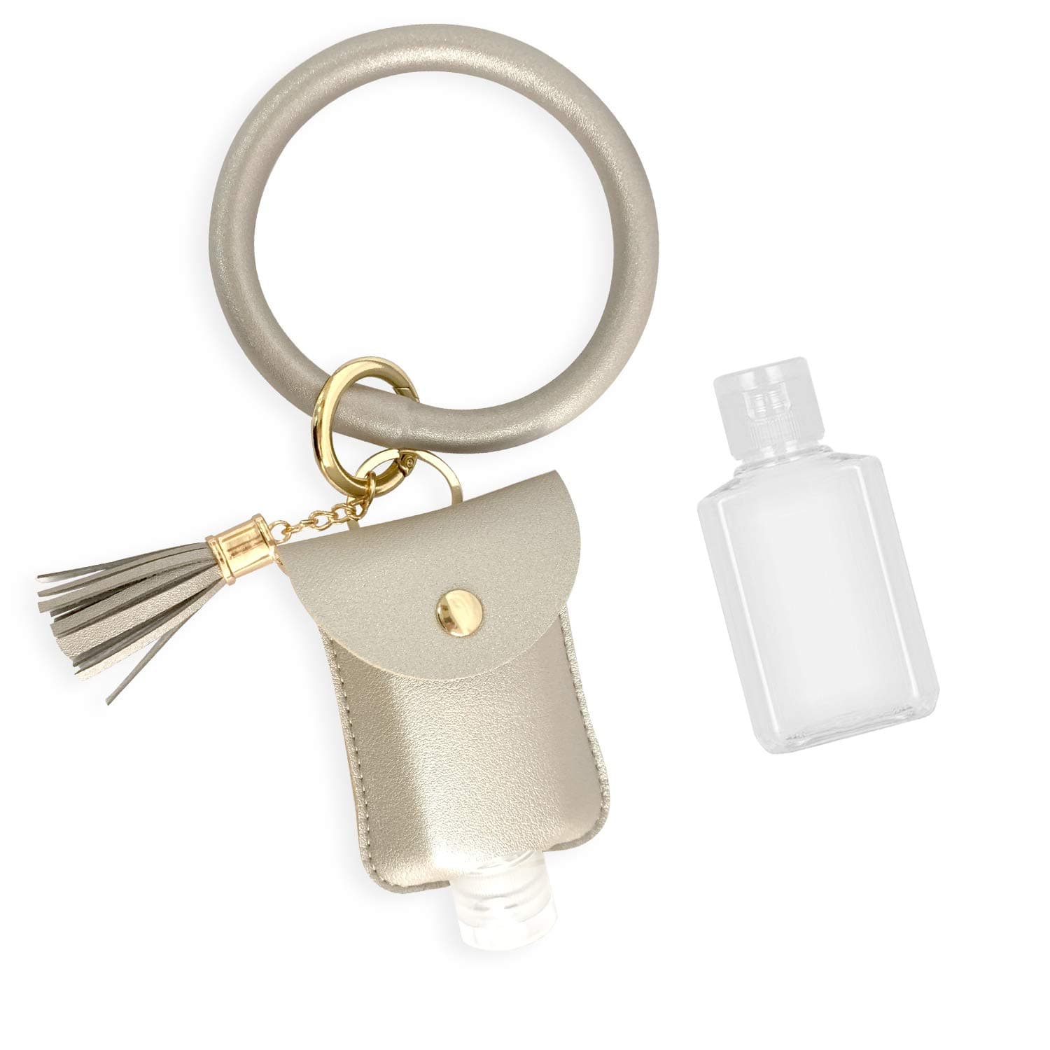 Wristlet Keychain Bracelet with Squeeze Bottle, Empty Leakproof Plastic Travel Bottle with Leather Keychain Holder, Refillable Flip Cap Bottles Portable Containers, For Women Gift (2oz Light Gold)
