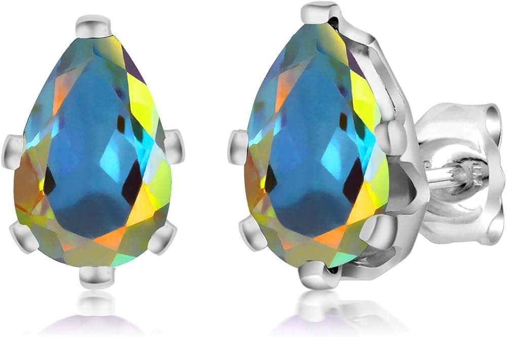 Gem Stone King 925 Sterling Silver Mercury Mist Mystic Topaz 6-Prong Stud Earrings For Women (2.00 Cttw, Pear Shape 8X5MM)