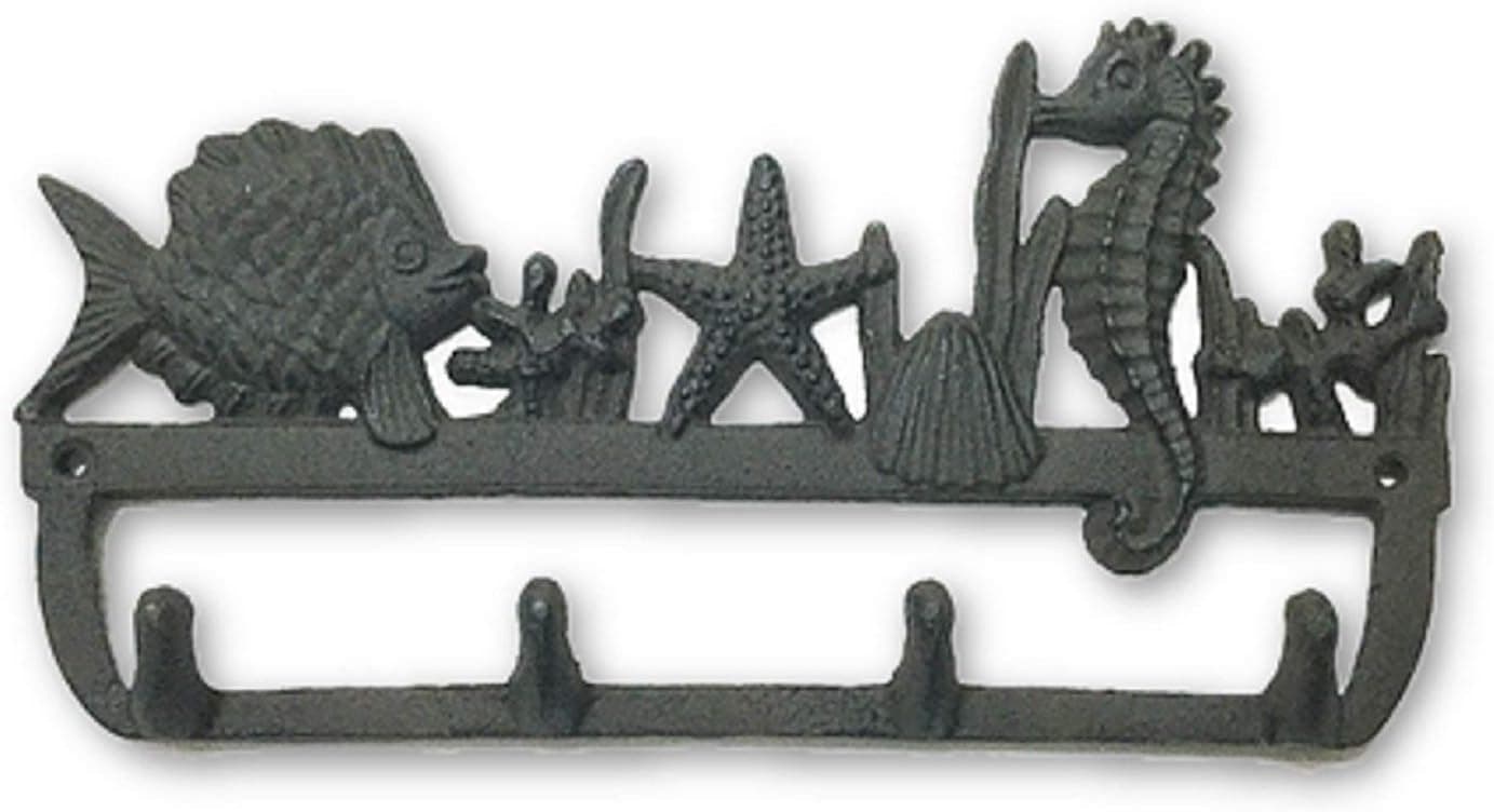 Cast Iron Home Decor Collectibles Rustic Sealife Design Bath Towel Bar, 4 Hooks for Bath Towels