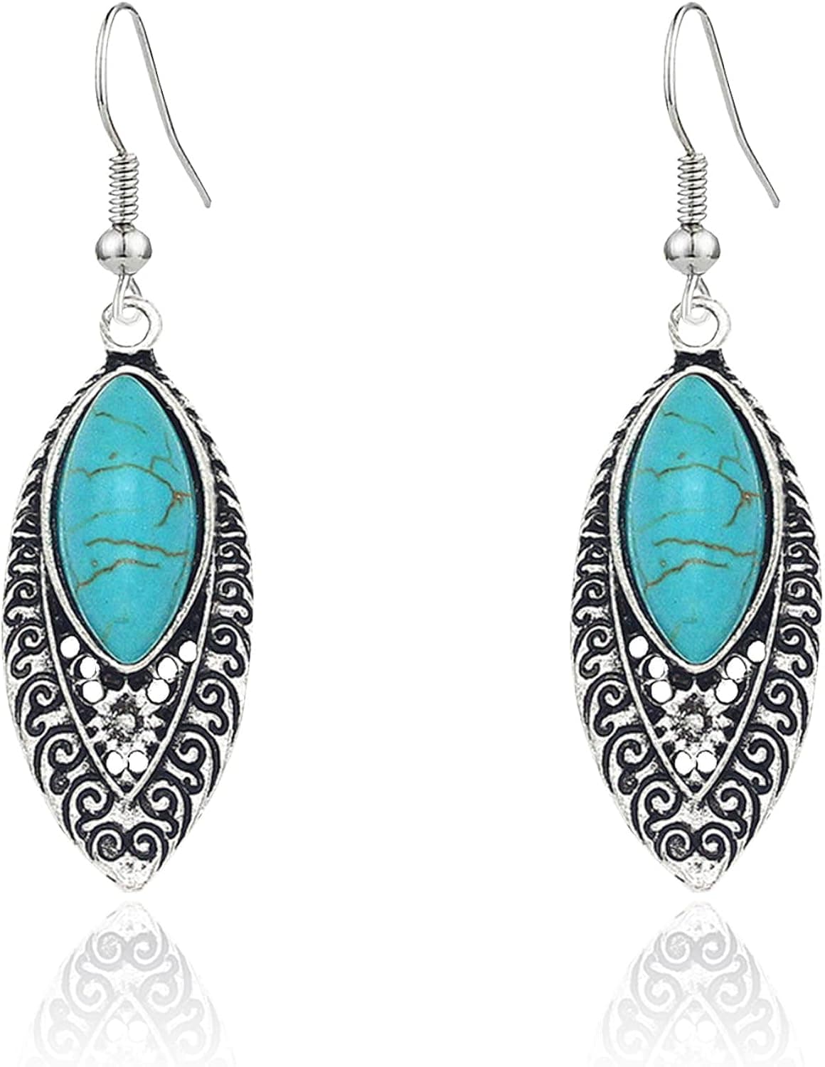 TIANBANGSHI Bohemian Turquoise Silver Teardrop Drop Dangle Earring Metal Large Vintage Hollow flower Oval Earring Delicate Jewelry for Women Girls Gifts